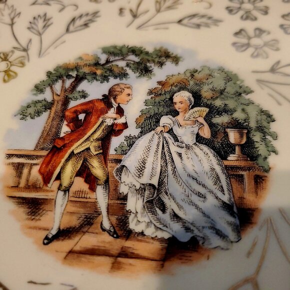 (4) Royal China Plate Warranted 22k French Garden Gold 7 3/8" Man Courting Lady - Picture 2 of 6